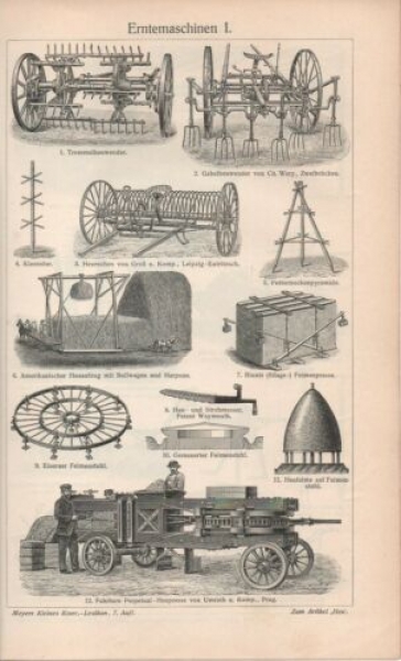 1908 - alter Druck - Erntemaschinen